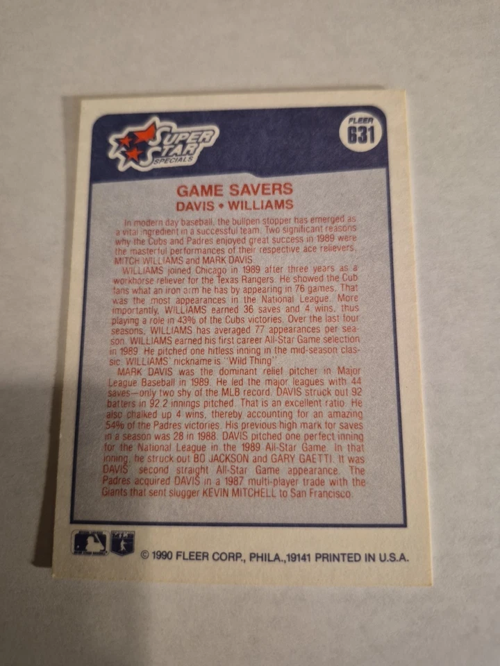 MARK DAVIS & MITCH WILLIAMS 1990 FLEER SUPERSTAR SPECIAL #631 FREE SHIP - Image 2 of 2