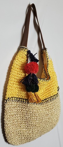 Women's NWT Sonoma Raffia Woven Shoulder Bag Purse Yellow Large - Picture 2 of 8