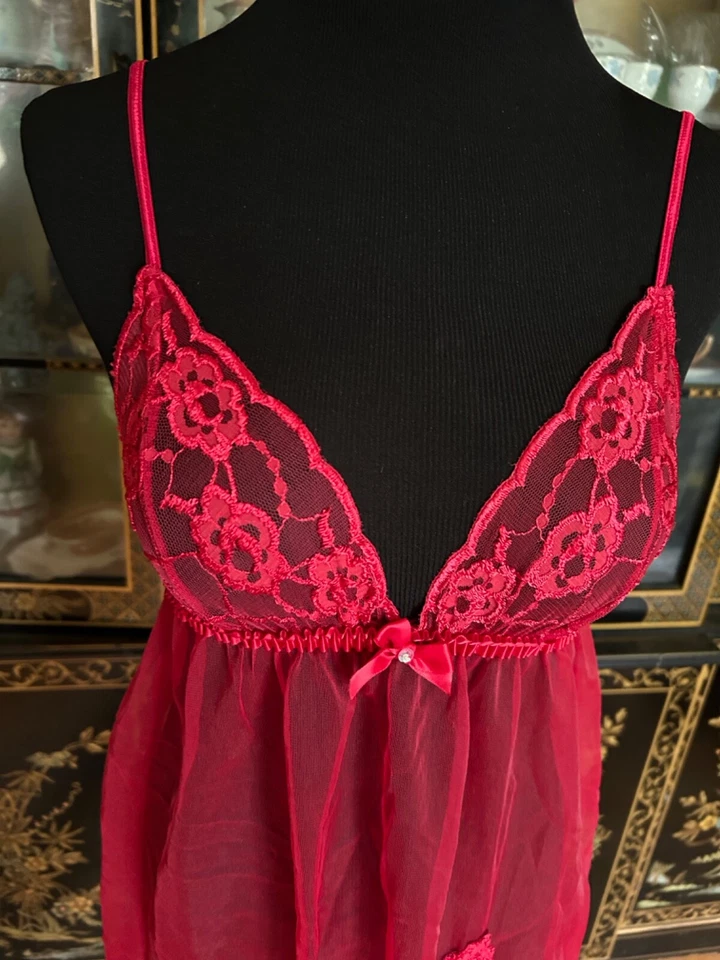 Vtg Frederick's Of Hollywood Red Mesh Babydoll Slip dress W/ Slit Lingerie Sz M - Imagem 2 de 4