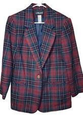 Sag Harbor Womens Blazer sz 12 Red Green Plaid Notch Lapel Pockets Vintage