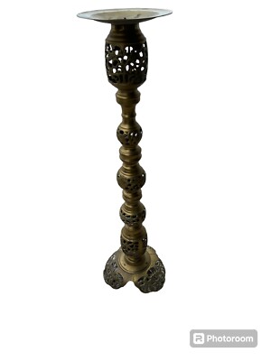 Vintage Large 35.5  tall Ornate Filagree Edwardian Brass Pillar Candle Holder
