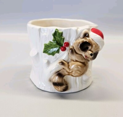 Vintage Lunds Lites Christmas Raccoon Santa Holly White Tree Candle Small Japan
