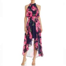 ELIZA J Navy Pink Floral Print Halter Popover Chiffon Hi/Lo Midi Maxi Dress 12 L