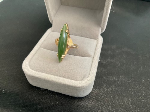 Vintage Art Deco Ring 14 Karat Gold Marquise dunkelgrüne Jade 5,0 g Größe 2,5 - Bild 6 von 17