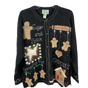 Quacker Factory Christmas Cardigan Gingerbread Man Applique 1X Black Buttons | eBay