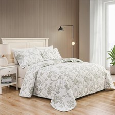 Jacquard Embroidered Stitching Soft Bedding Summer Quilt Set, Green Floral Twin
