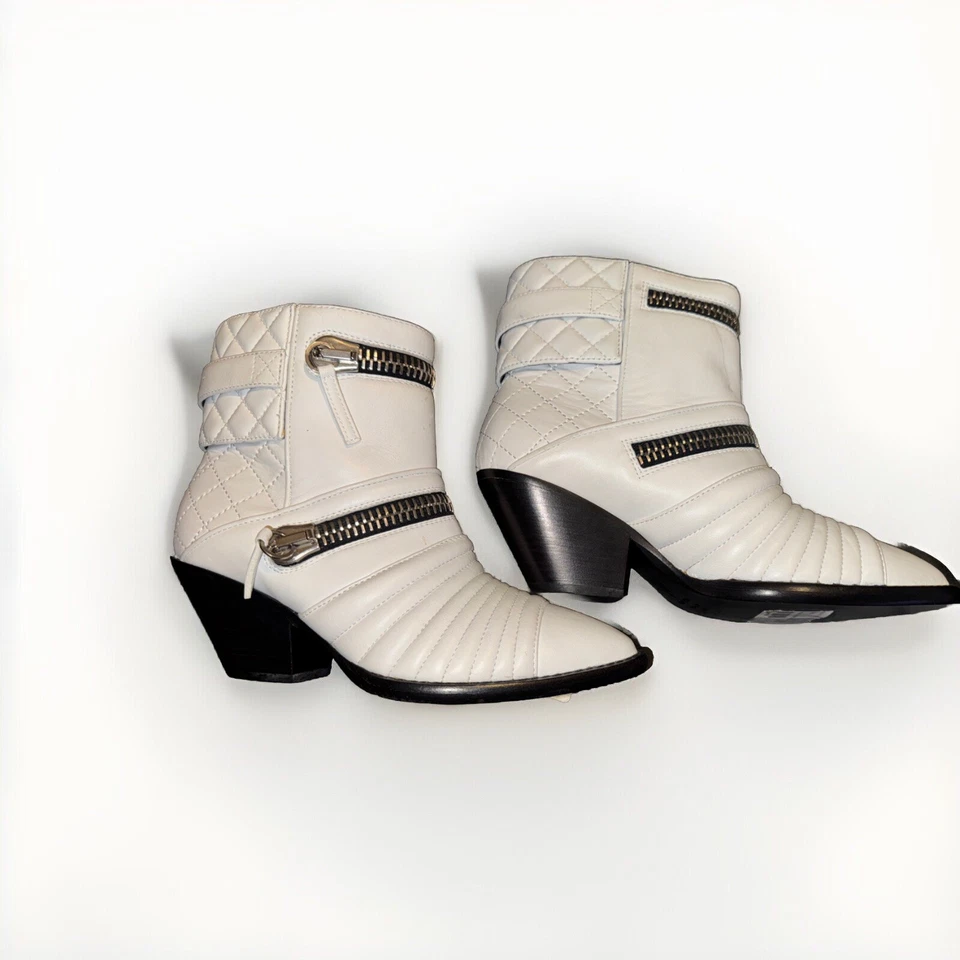 $1150 Retail❤️37 Giuseppe Zanotti Leather Moto Biker Ankle Boots Quilted White - Image 2 of 4