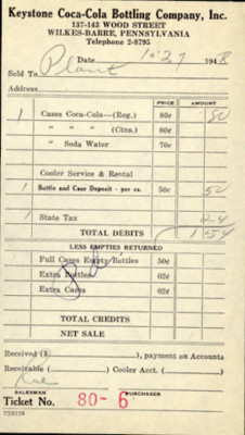 Keystone Coke Receipt Vintage Original Coca-Cola Soda Paper Route Invoice 1940s