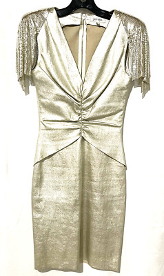 Jitrois Leather Chainmail Metal Sleeve Silver Cocktail Dress US 2 4 / FR 38