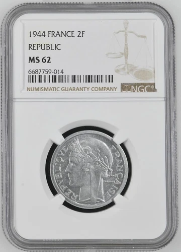 France 2 Francs 1944 Republic NGC MS 62