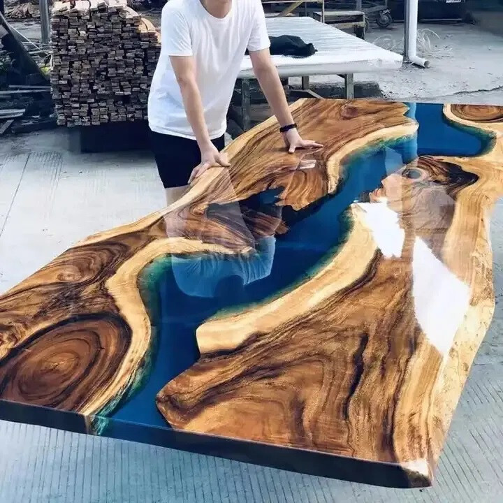72x42 Blue Epoxy Live Edge Coffee Table Top with Resin and Wood