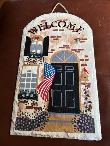 Slate Handpainted Plaque Hanging WELCOME American Flag Door House Flag 13-3/4×8"