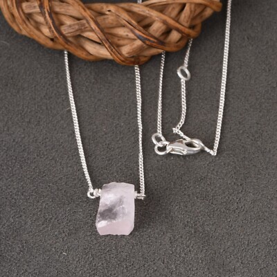 Natural Raw Rose Quartz Sterling Silver Delicate Healing Necklace Gift For Wife