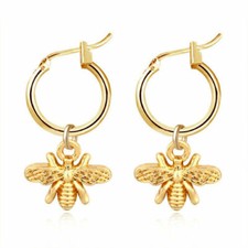 Cute New 18K Yellow Gold Plated Fashion Jewelry Bee Charm Round Hoop Earrings