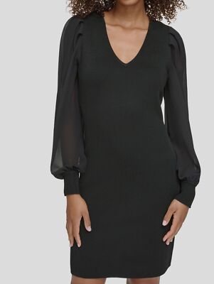 Karl Lagerfeld Paris Women Black V-Neck Long Sleeve Shift Dress Size Small  | eBay