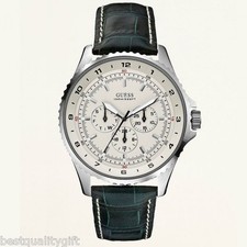 GUESS DARK GREEN CROC LEATHER+SILVER,CREAM MULTI-FUNCTION DIAL WATCH-U11068G2