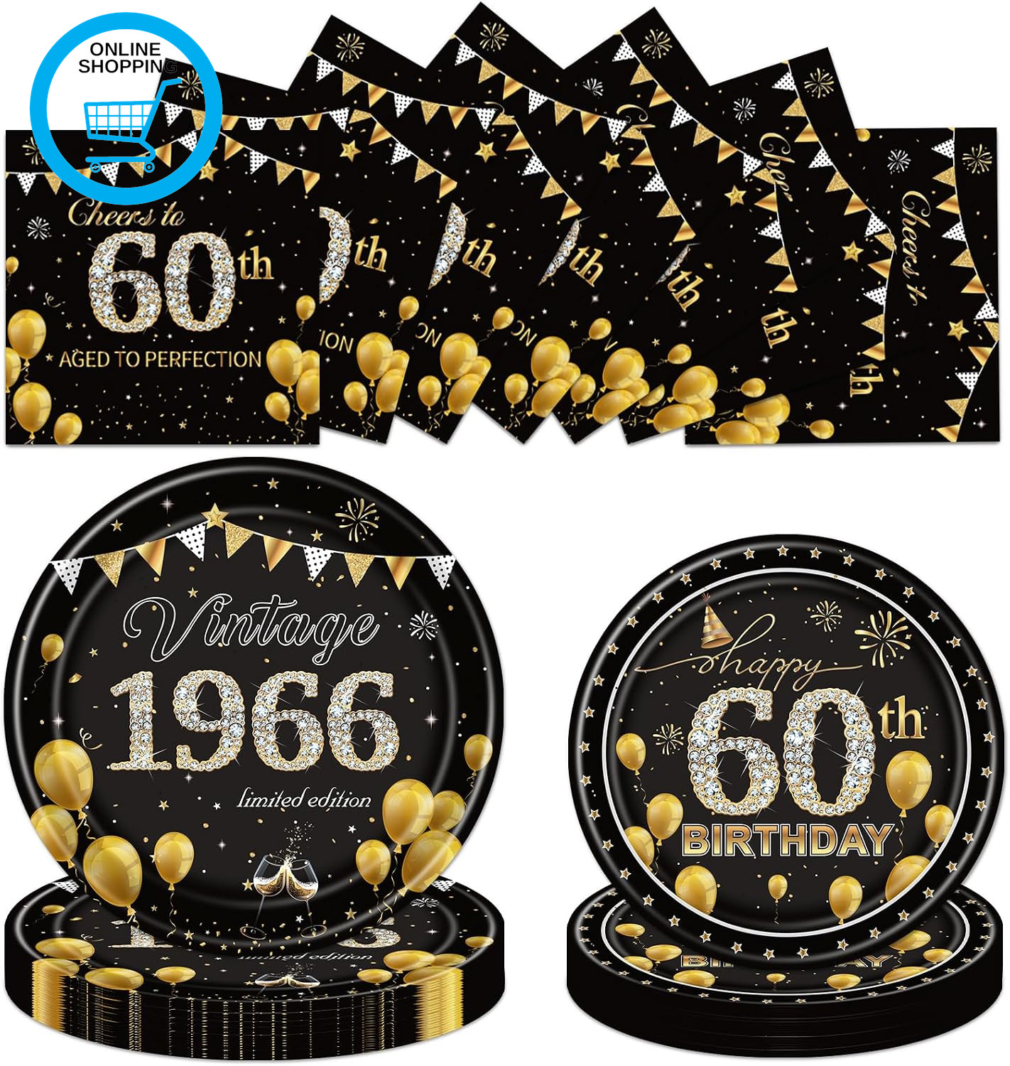 60Th Birthday Plates and Napkins Party Decor, 72PCS Vintage 1966 Birthday Tablew