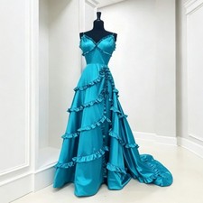 Satin Spaghetti Straps Evening Prom Dress V‑Neck Tiered Ruffle A‑Line Party Gown