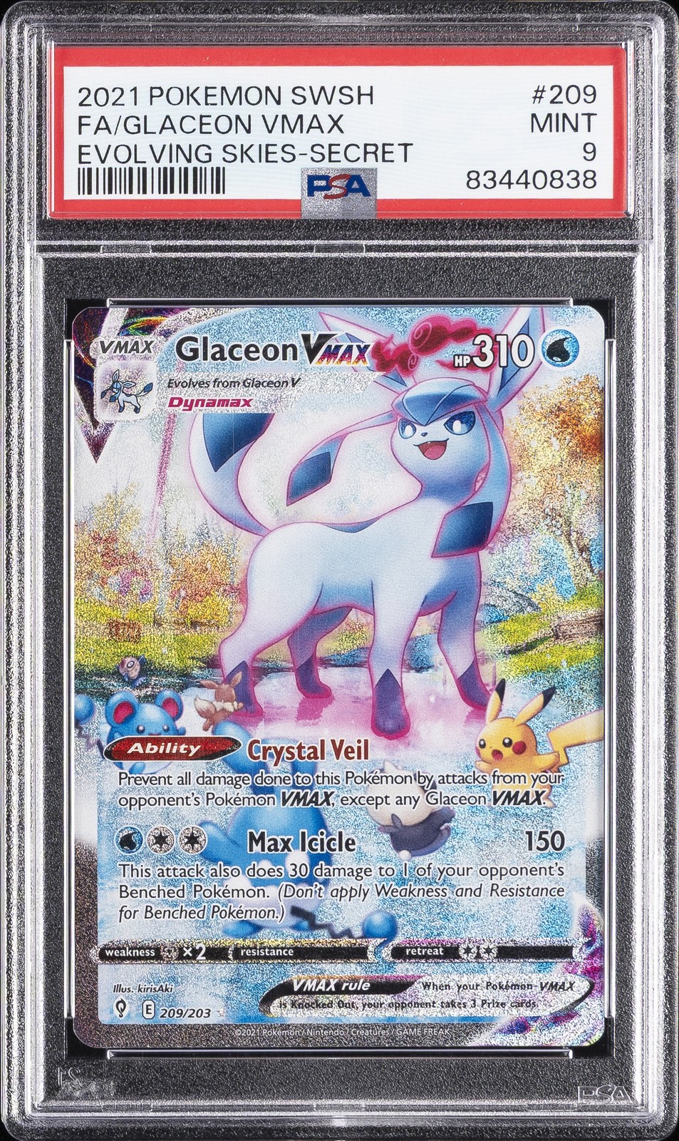 2021 POKEMON SWORD & SHIELD EVOLVING SKIES SECRET FULL ART/GLACEON VMAX PSA 9