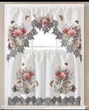 3PC SET EMBROIDERY/PRINTED KITCHEN CURTAIN SOLID DRAPE VALANCE TIER NEW DESIGNS