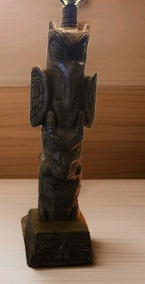 Vintage 22  Carved Wood-Appearance Tiki Lamp Mid Century 3 Figure Table Lamp