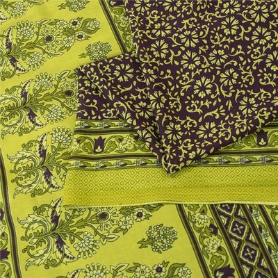 Sanskriti Vintage Sarees Wine & Green Moss Crepe Floral Print 6Yd Upcycled Sari