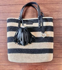 BRIGHTON FERRARA COLLECT. DITA RAFFIA STRAW TASSELED STRIPED BUCKET BAG