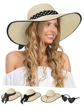 Sun Hats for Women, Wide Brim Floppy Beach Straw Hat for X-Large Beige Black