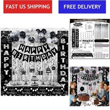 Black Silver Birthday Party Decorations Kit Balloons Banner Backdrop