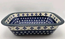 Polish Pottery Boleslawiec Rectangular Baking Dish Peacock Blue Floral 10"