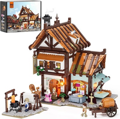FUNWHOLE Medieval Tailor Shop Lighted Building Bricks Set - Castle Theme