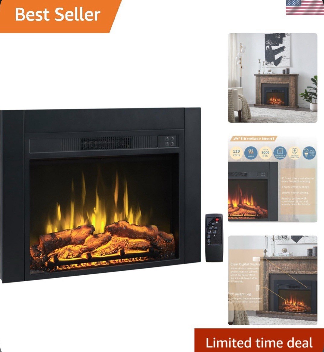 28" Electric Fireplace Insert, 1500W, 5000 BTU, Remote, Digi