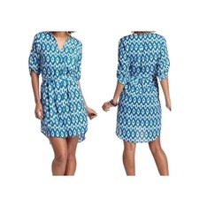 MAEVE Anthropologie Ikat Shirt Dress Blue White Belted Button Front Medium Boho
