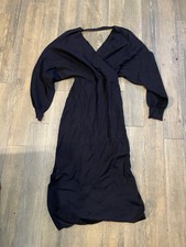 Black Sweater Dress Dolman Sleeve Midi Length Belted Large T21