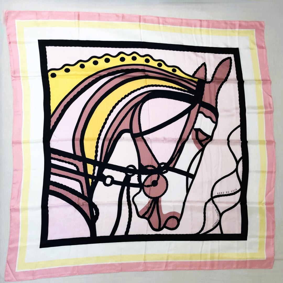 Hermes Cale 140 ROBE DU SOIR Silk Scarf Unisex B-Condition Light Pink/Yellow/Bla