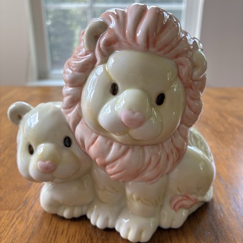 Vintage Enesco Lion And Baby Cub Piggy Bank Ceramic Pink Yellow 1997 Cute!