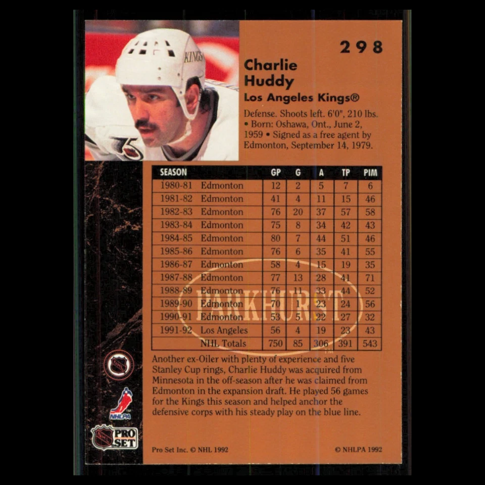 Charlie Huddy #298 1991 Parkhurst Los Angeles Kings Hockey Card NHL NM - Image 2 of 3