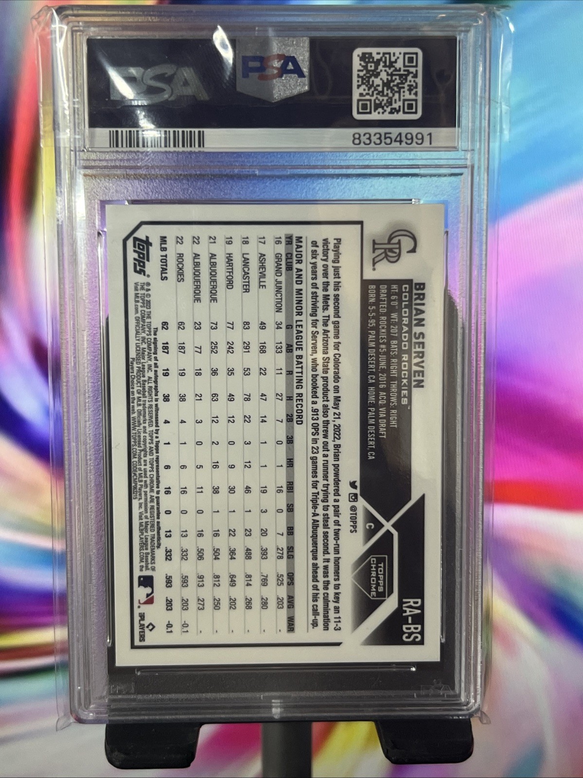 2023 Topps Chrome - Brian Serven (RC) - Purple Auto /250 PSA 9 - Rockies view 6