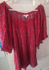 Studio B Bobeau Size L Smocked Neckline Top Cottage Prairie Boho Floral Red