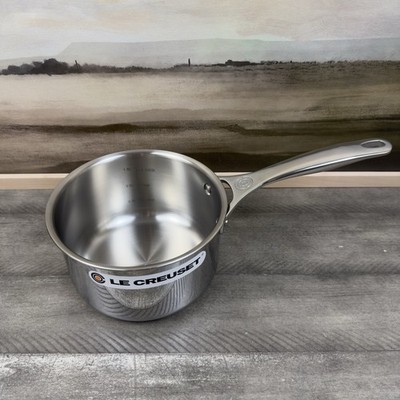 Le Creuset Tri-Ply Stainless Steel Saucepan NO Lid 2-Quart Silver Scuffed Read