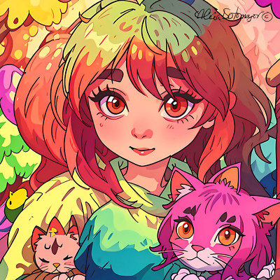 GIRL WITH CATS Digital Artwork for Wallpaper, Inside Décor & More