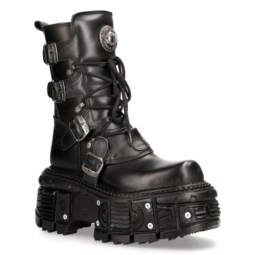 NEW ROCK BOOTS TANK373-S1 Black Leather Unisex Combat Platform Biker Goth  Shoes