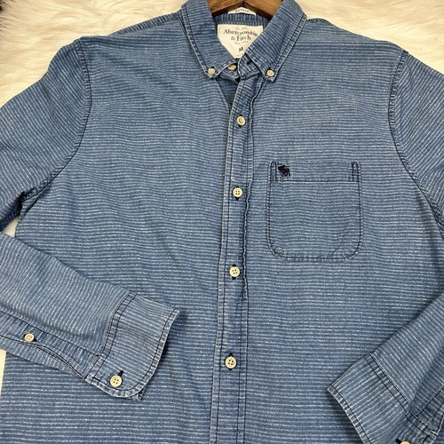 Camisa Abercrombie & Fitch Músculo Abotonada Para Hombres M Azul Micro Rayas LS Clásica - Imagen 4 de 7