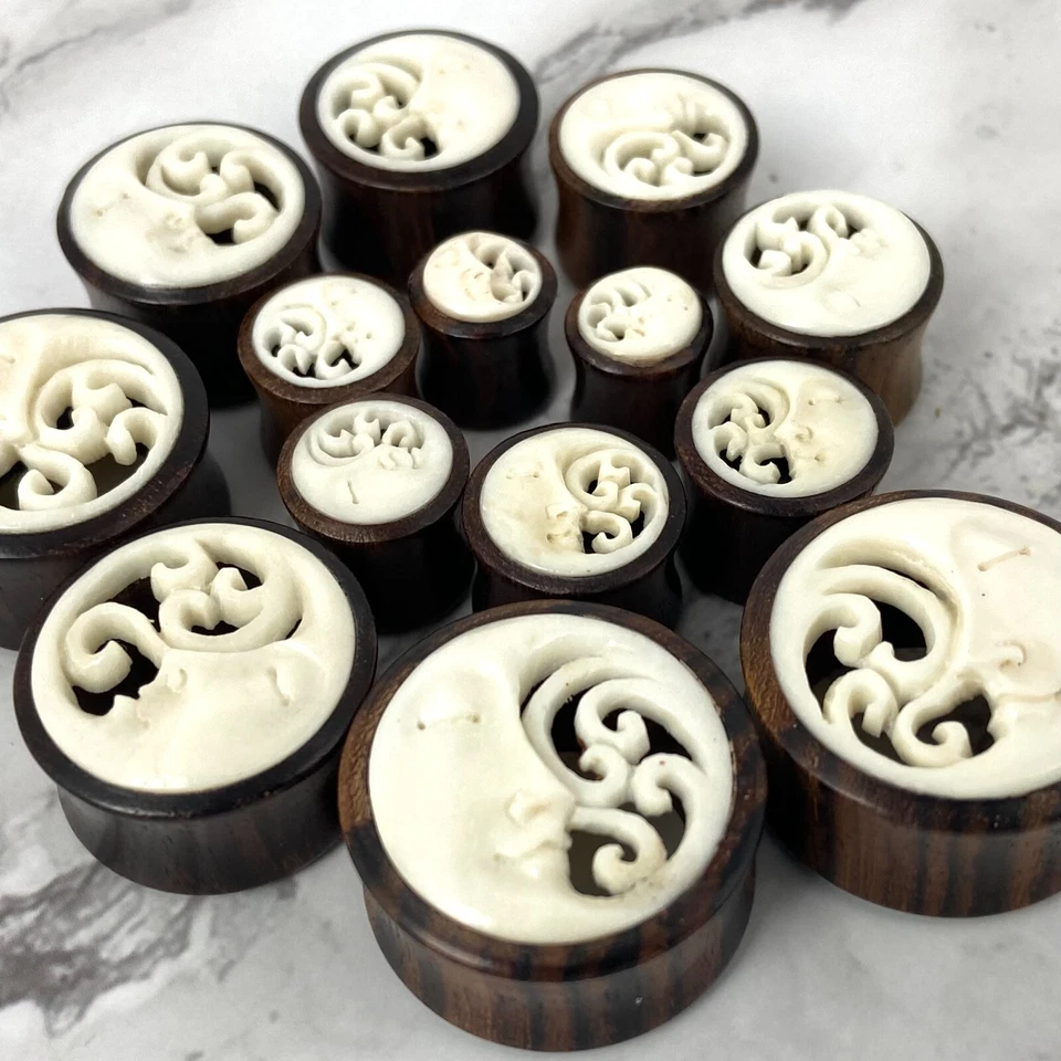 Túneles de madera Sono con incrustación de luna de hueso (PW-342) juego de medidores par de tapones orgánicos Foto 4 de 4