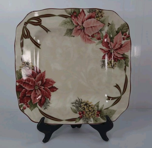 222 Fifth Yuletide Celebration Poinsettia Square Dinner Plates Disc Set Of 4 - Picture 3 of 7