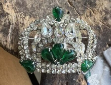 Vintage Weiss Fruit Salad Flawed Emeralds Diamond Paste Crown 3D Pin 2 7/8" W