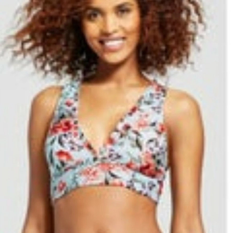 MOSSIMO Size Medium Mint Green Pink Floral Ruffle Bikini Top Lined Padding Stret - Image 2 of 4