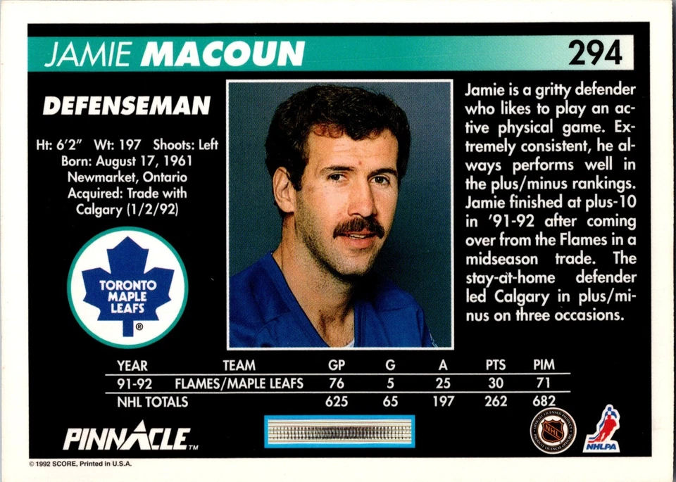 1992-93 Pinnacle - #294 Jamie Macoun - Image 2 of 2