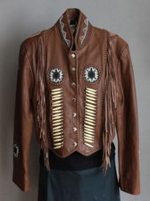 Women Brown Cowhide Jacket Fringes & Beads Cowlady Coat Xs-4xl