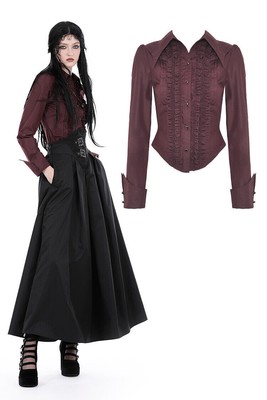 DARK IN LOVE Women Wine Red Gothic Ruffle Front Button Up Long Sleeve Blouse Top